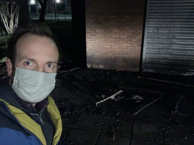 Cllr Ben Miskell outside of arson attack