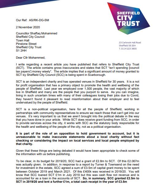 Sheffield City Trust Letter p1